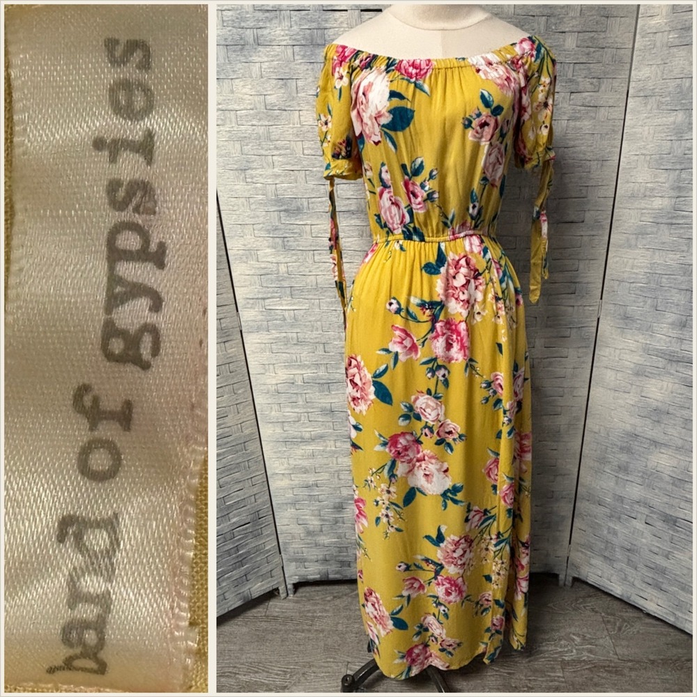 Band of Gypsies Yellow Floral Off‎ Shoulder Maxi Dress Womens Small